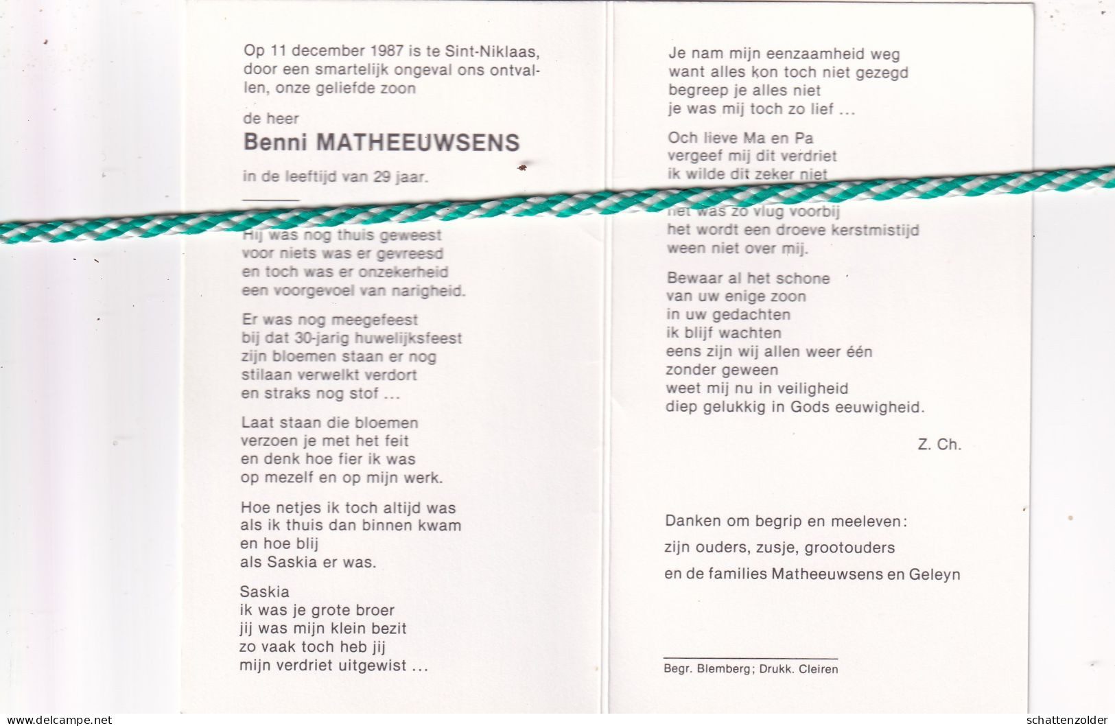 Benni Matheeuwsens, Overleden 1987 Sint-Niklaas, 29jaar. Foto - Obituary Notices