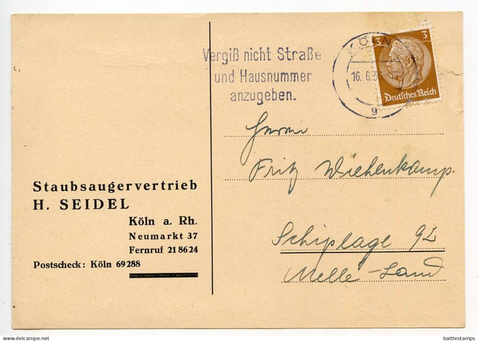 Germany 1936 Postcard; Köln - H. Seidel, Staubsaugervertrieb (Vacuum Cleaner Sales); 3pf. Hindenburg; Slogan Cancel - Briefe U. Dokumente