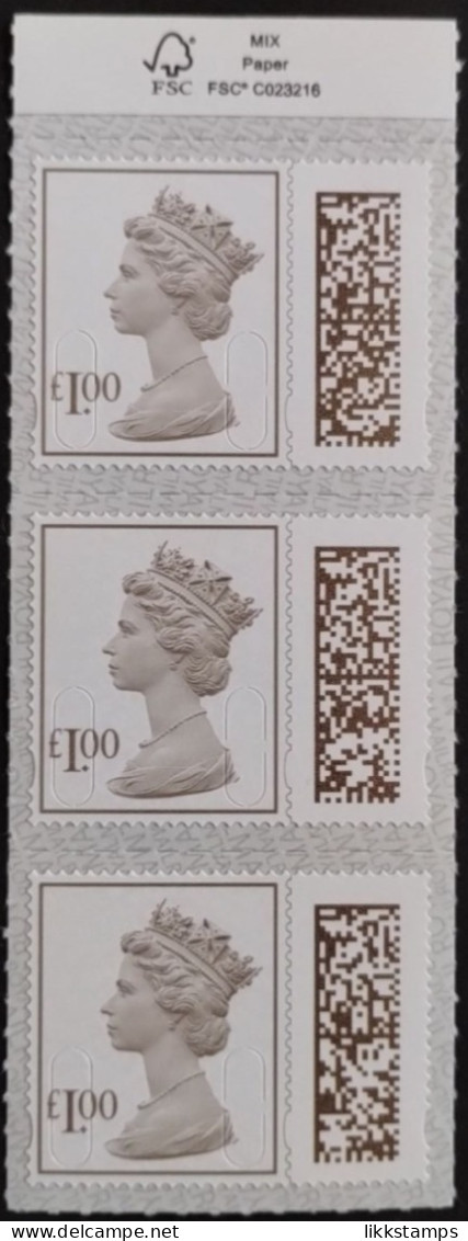 S.G. V4780 ~ STRIP OF 3 X £1.00p NEW BARCODED DEFINITIVES UNFOLDED & NHM #02158 - Machins