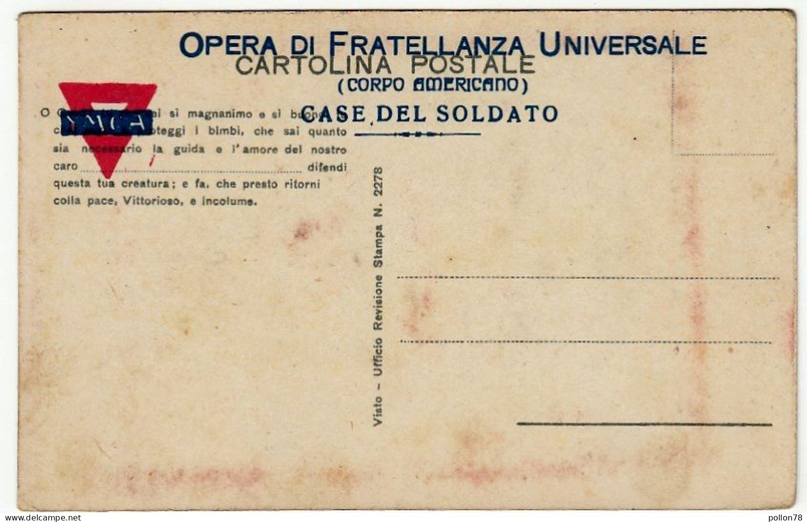 MILITARI - OPERA DI FRATELLANZA UNIVERSALE - CASA DEL SOLDATO - Y.M.C.A. CORPO AMERICANO - Vedi Retro - Formato Piccolo - Patriottiche