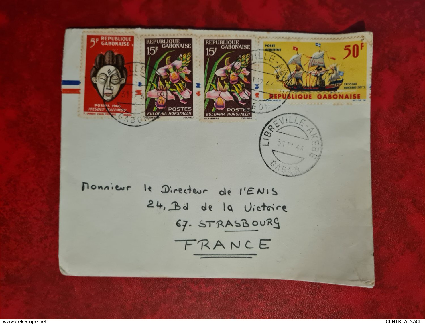 LETTRE Gabon, LIBREVILLE 1966  Masque Balumbu Fleurs Poste Aerienne Vaisseau Marchand - Gabon