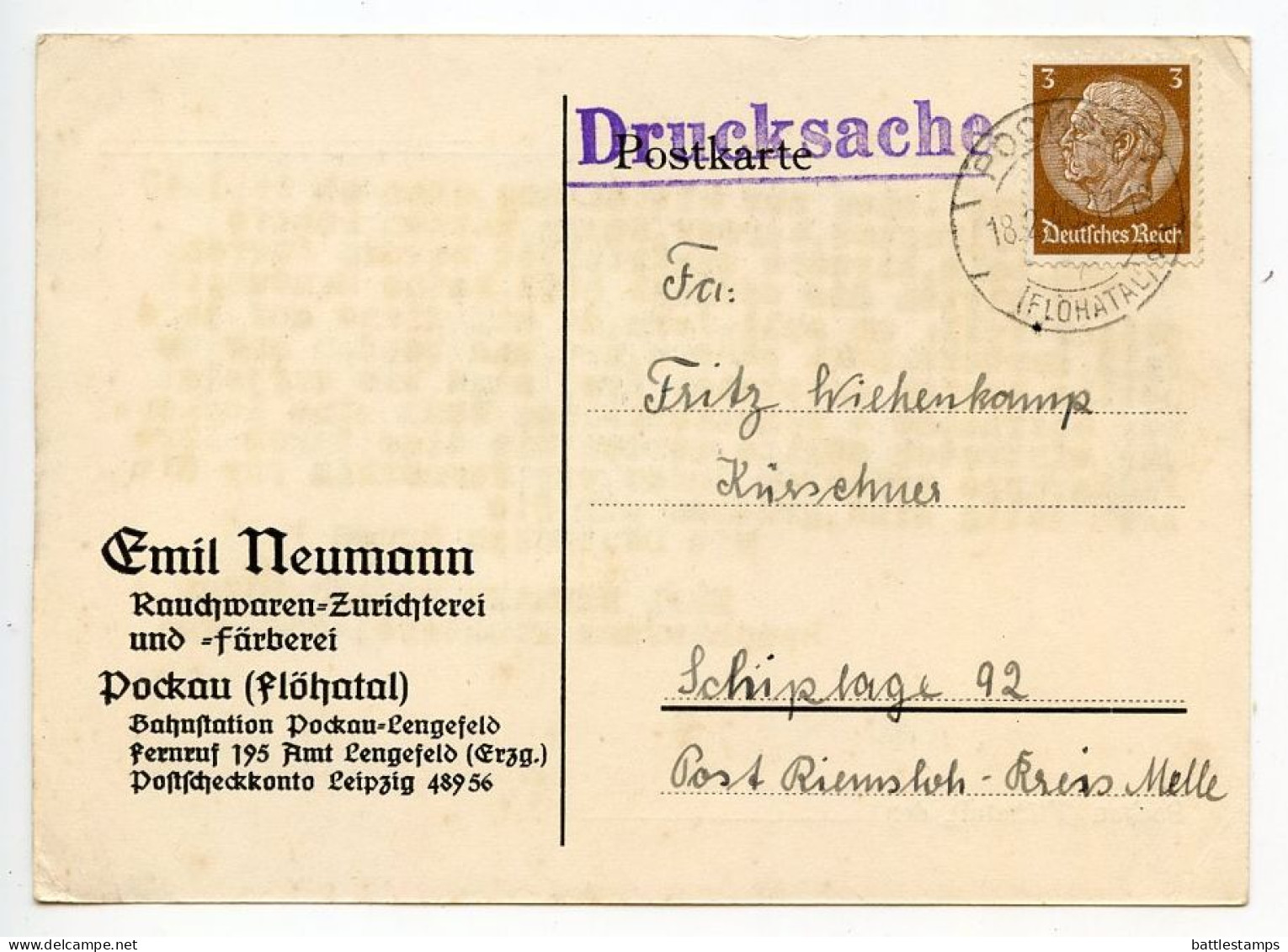 Germany 1940 Postcard; Pockau (Flöhatal) - Emil Neumann, Rauchwaren-Zurichterei Und Färberei; 3pf. Hindenburg - Storia Postale