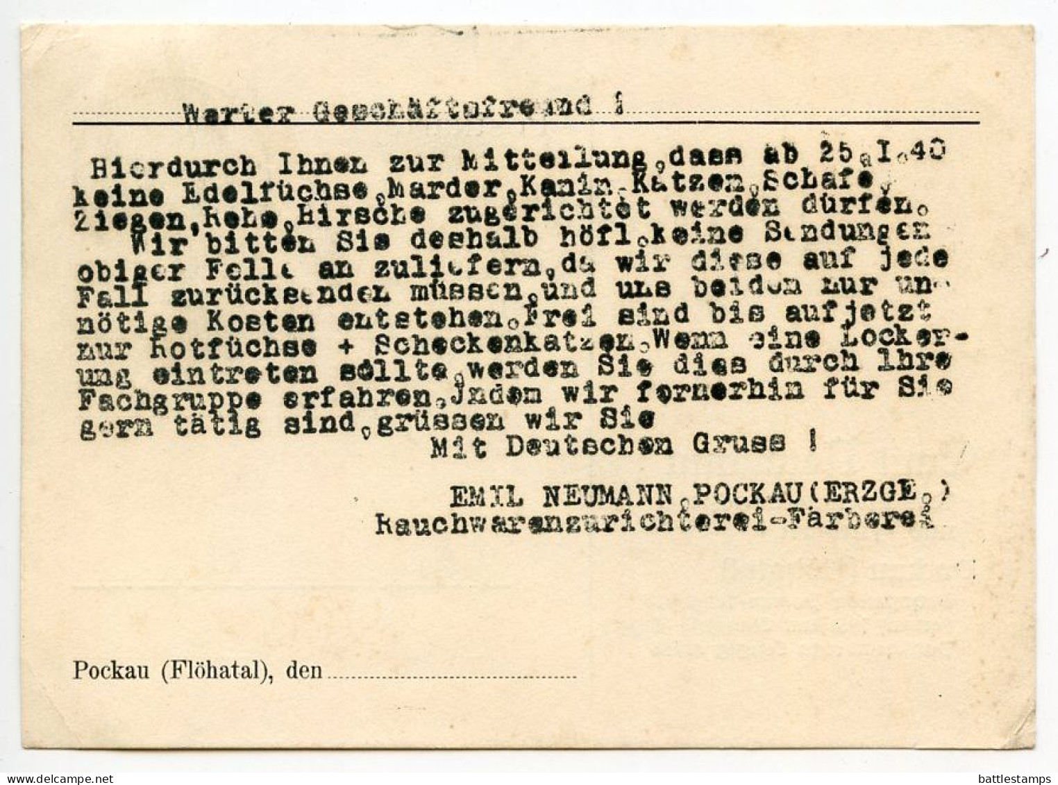 Germany 1940 Postcard; Pockau (Flöhatal) - Emil Neumann, Rauchwaren-Zurichterei Und Färberei; 3pf. Hindenburg - Briefe U. Dokumente