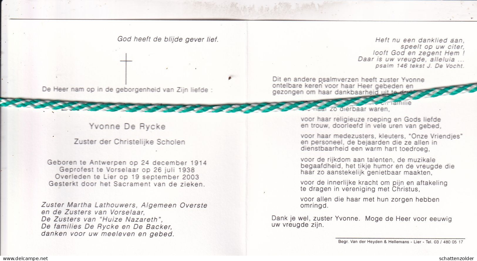 Zuster Marie Johanna (Yvonne De Rycke), Antwerpen 1914, Lier 2003. Foto - Décès