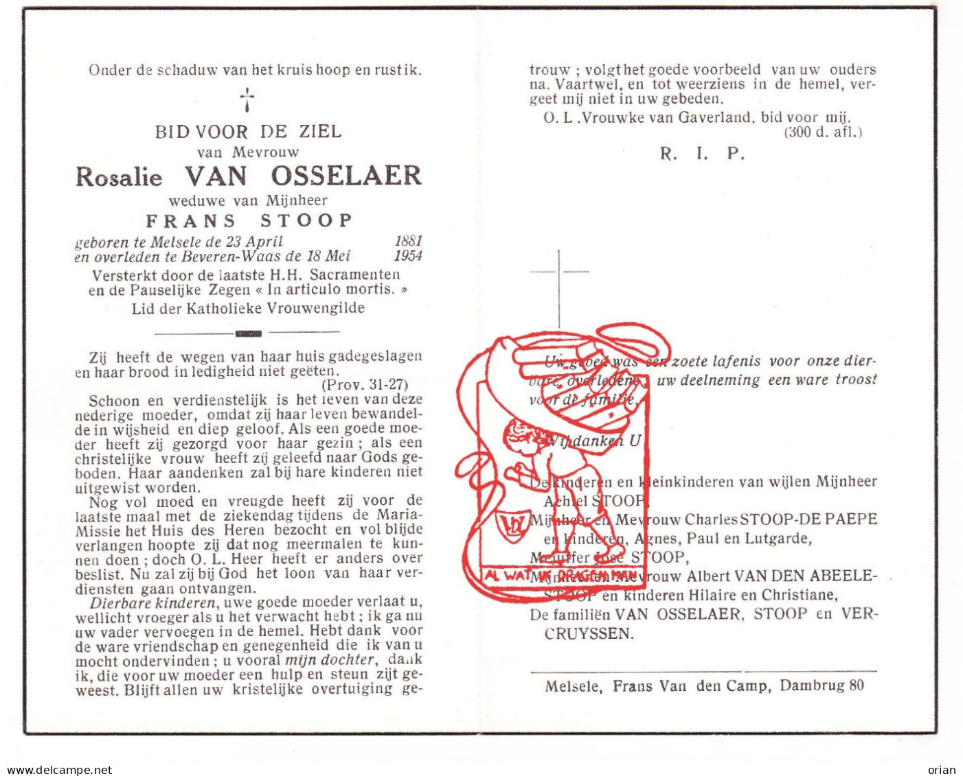 DP Rosalie Van Osselaer ° Melsele 1881 † Beveren Waas 1954 X Frans Stoop // De Paepe Van Den Abeele Vercruyssen - Images Religieuses