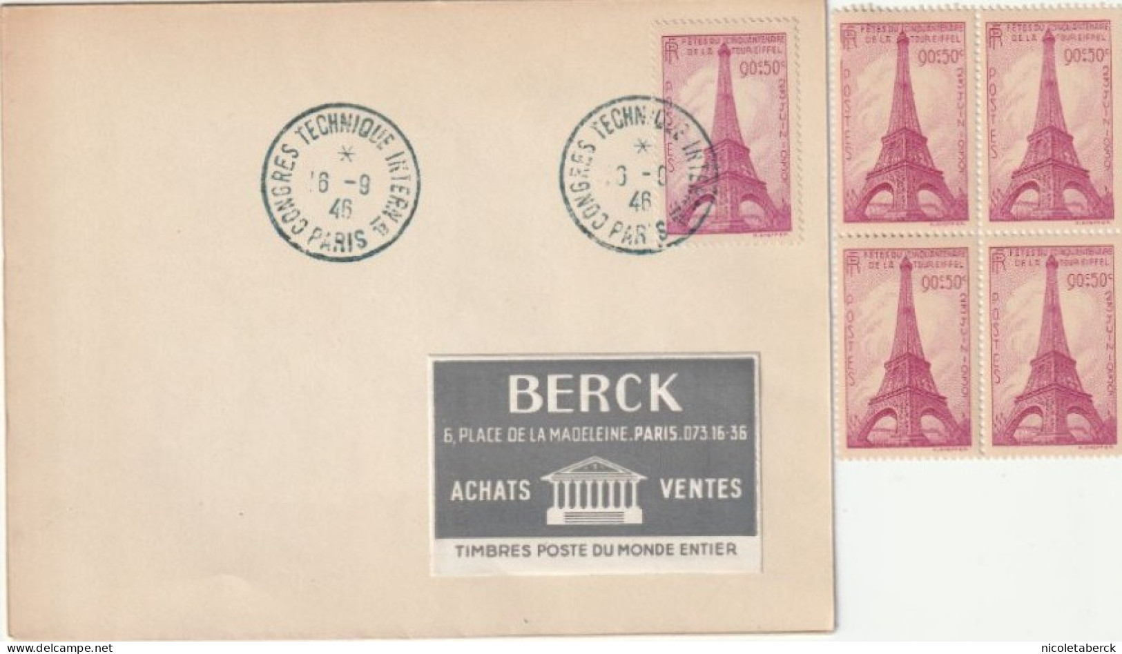 N°429, Sur Enveloppe Obl: Congrès Technique  International Paris 16/9/46 + Bloc De 4. Collection BERCK. - Storia Postale