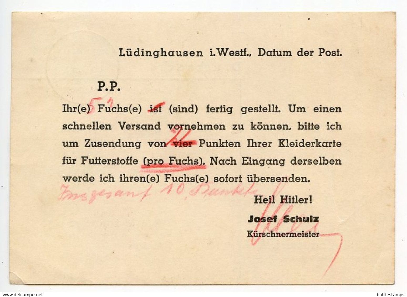 Germany 1941 Postcard; Lüdinghausen - Josef Schulz, Kürschnermeister To Schiplage; 3pf. Hindenburg - Covers & Documents