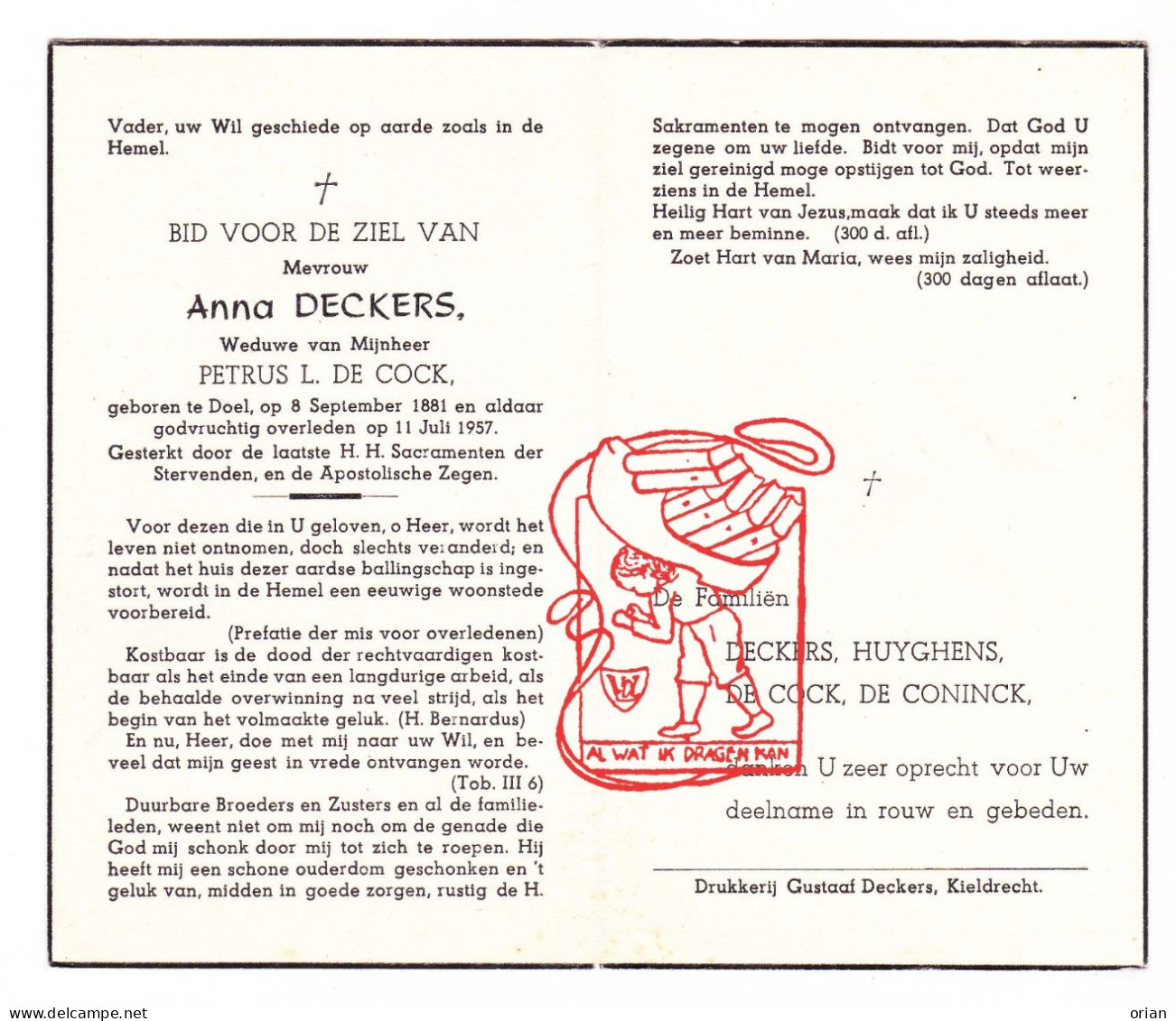 DP Anna Deckers ° Doel Beveren Waas 1881 † 1957 X Petrus De Cock // Huyghens De Coninck - Andachtsbilder