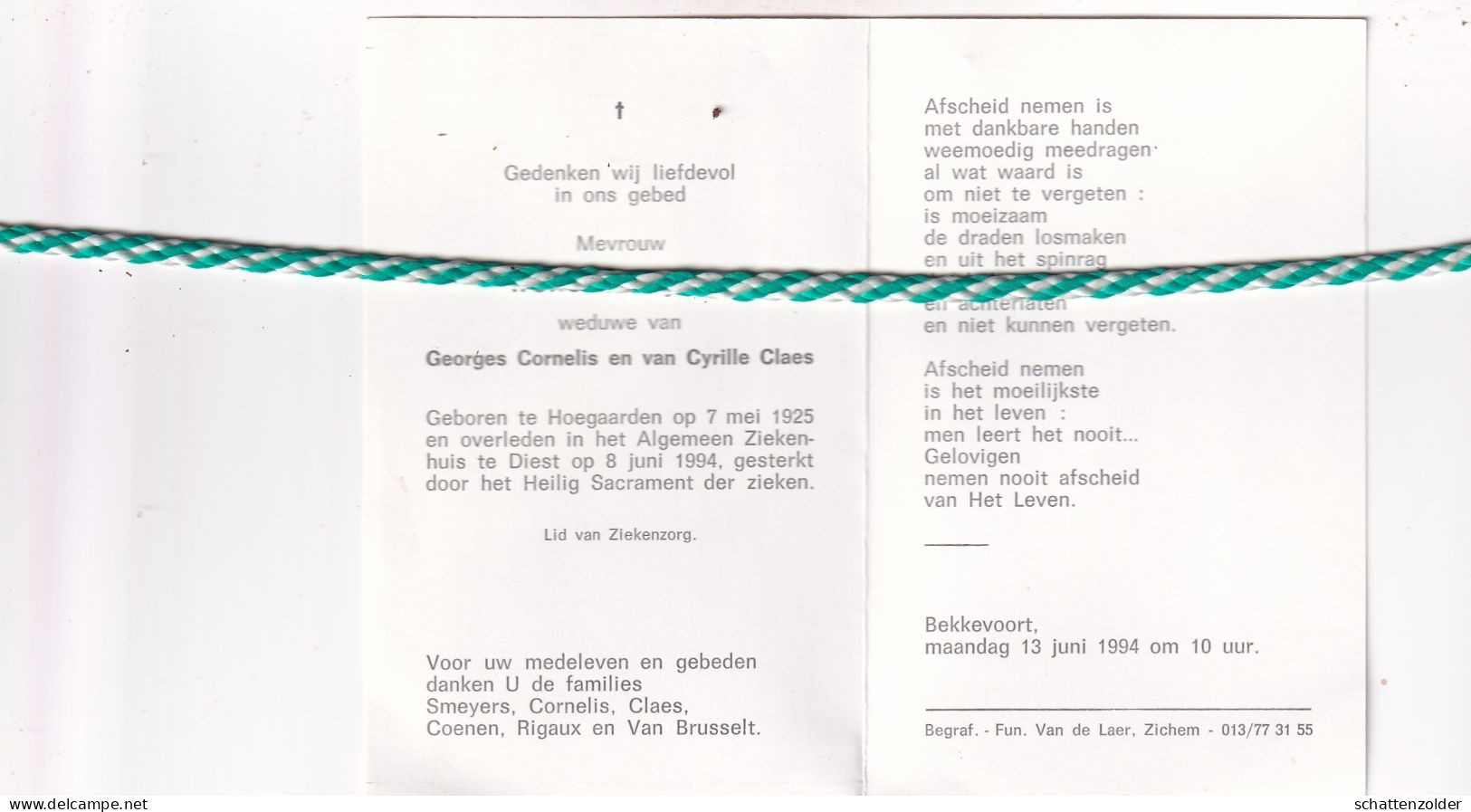Irène Smeyers-Cornelis-Claes, Hoegaarden 1925, Diest 1994 - Obituary Notices