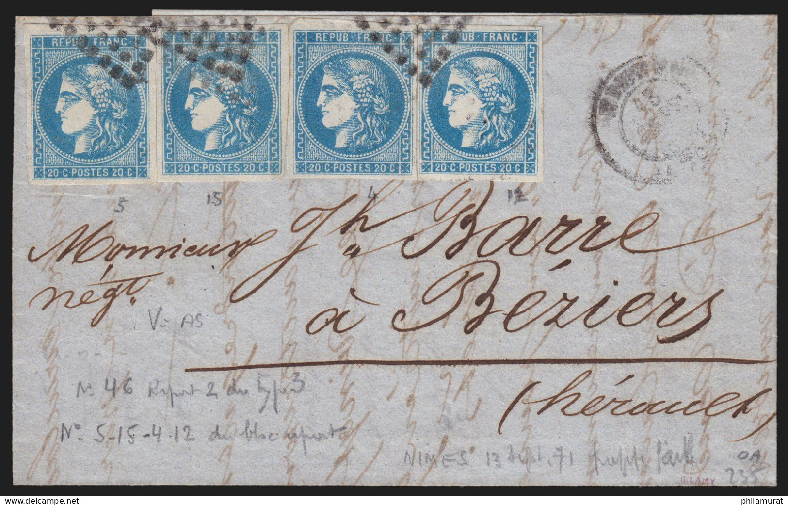 N°46B, 20c Bleu En 4 Ex. Oblitérés Nîmes 13/SEPT./1871 Sur Lettre - Certificat - 1870 Emission De Bordeaux