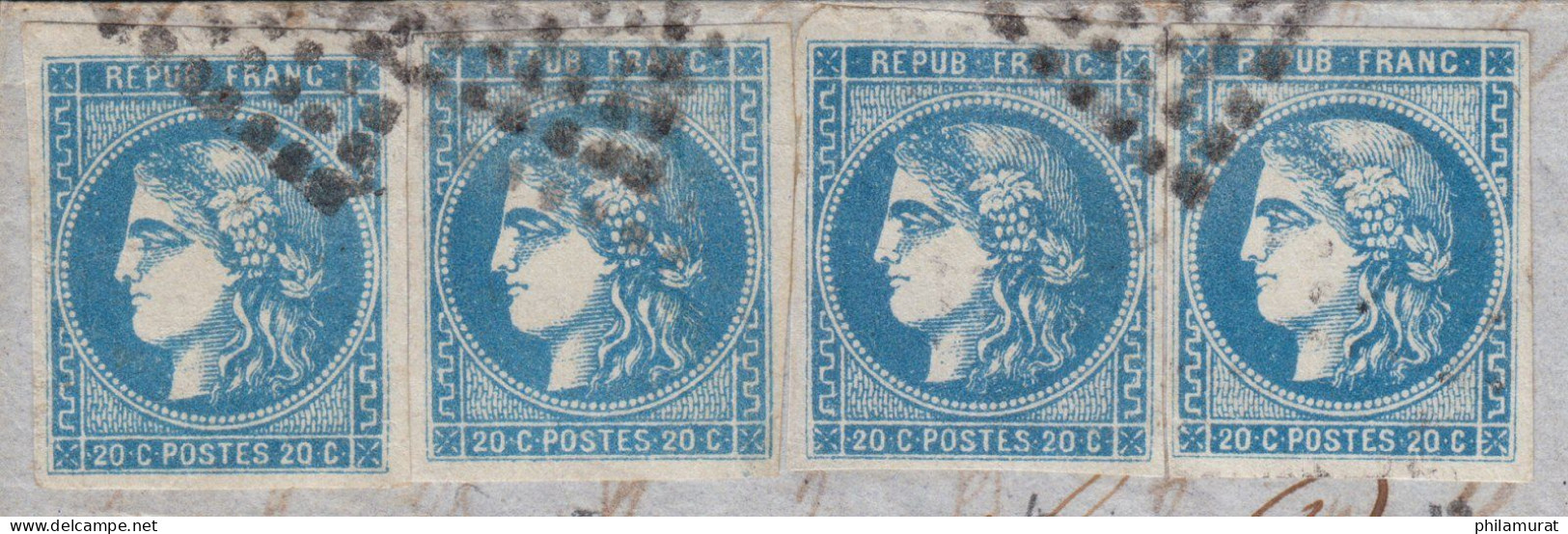 N°46B, 20c Bleu En 4 Ex. Oblitérés Nîmes 13/SEPT./1871 Sur Lettre - Certificat - 1870 Bordeaux Printing