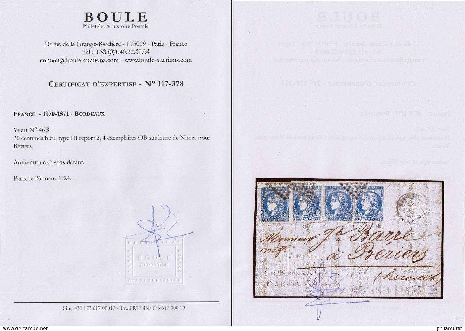N°46B, 20c Bleu En 4 Ex. Oblitérés Nîmes 13/SEPT./1871 Sur Lettre - Certificat - 1870 Bordeaux Printing