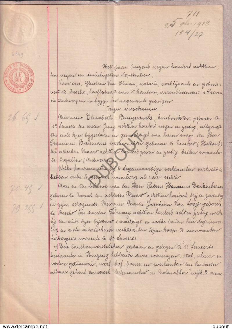 Notarisakte Brecht 1918 - Verkoopsakte Verkoop Van Hoeve In Sint Lenaarts, Gelegen Molenakker En Nelemanskot (V3127) - Manuscripts
