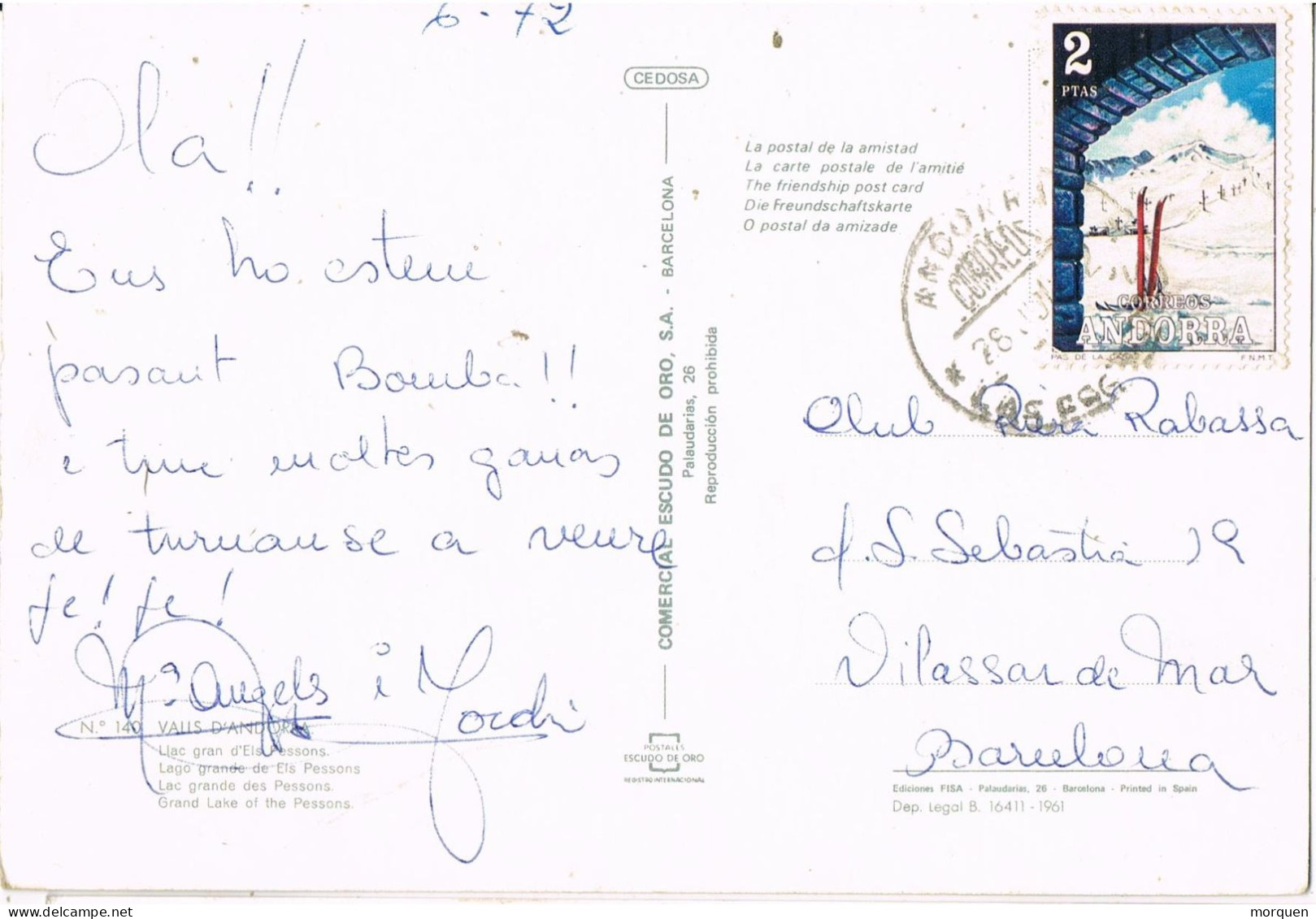 55104. Postal LAS ESCALDES (Andorra Española) 1972. Vista Lago Dels PESSONS - Cartas & Documentos