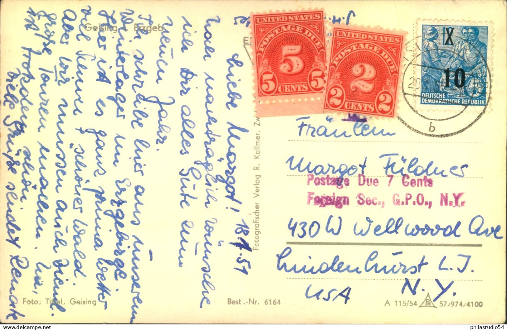 1955, Ansichtskarte Mit 10 Auf 12 Pfg. FJP Nach USA Mit Nachporto - Briefe U. Dokumente