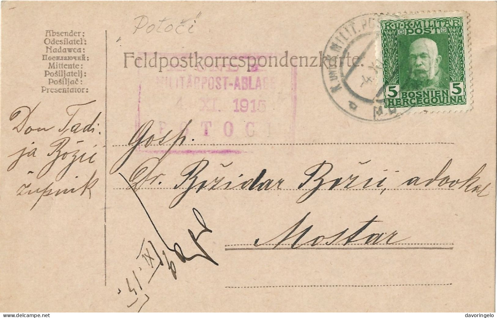 Bosnia-Herzegovina/Austria-Hungary, Postal Stationery-year 1915, Auxiliary Post Office/Ablage POTOCI, Type B1 - Bosnia And Herzegovina