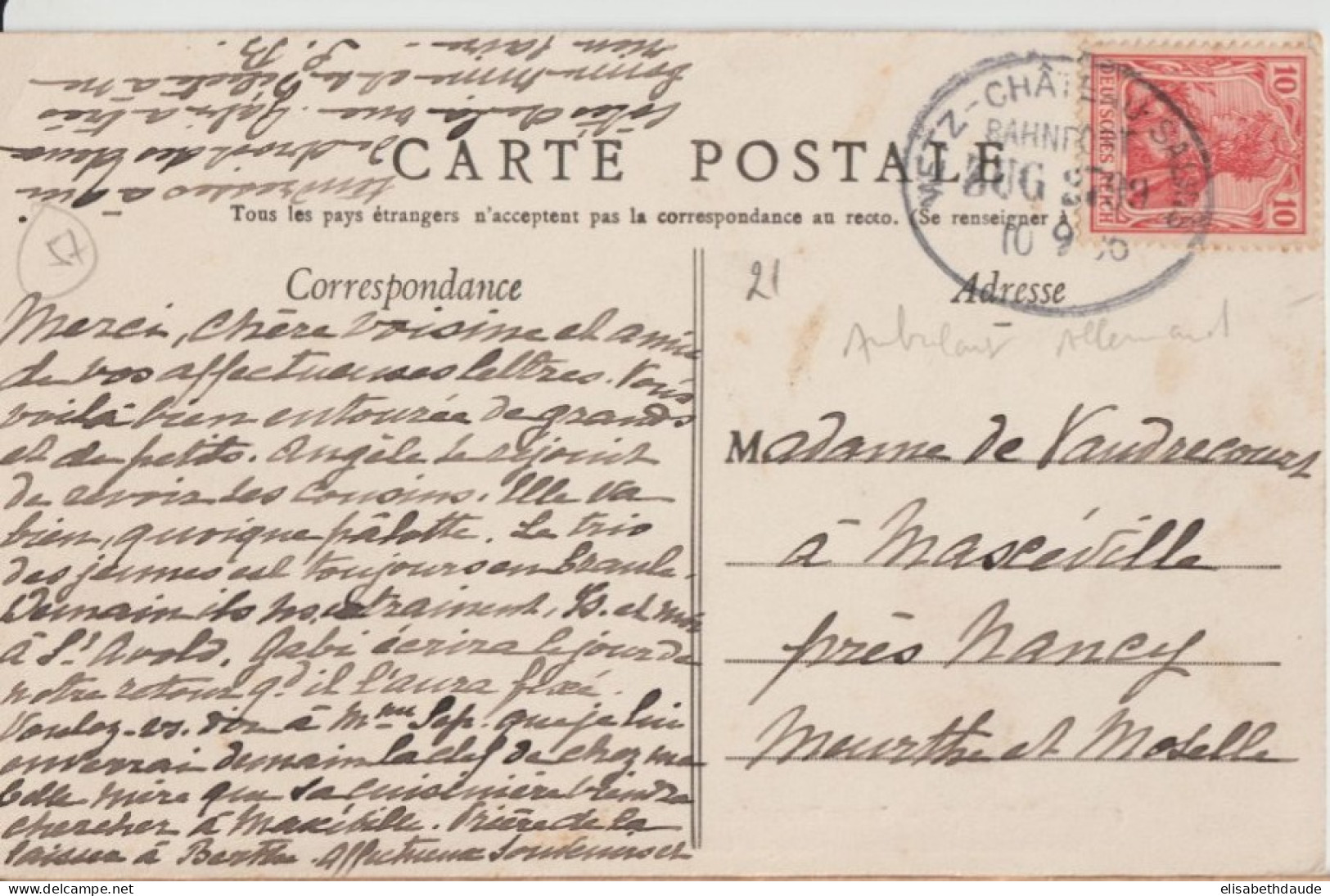 1906 - MOSELLE - CONVOYEUR BAHNPOST METZ CHATEAU-SALINS (IND 10 !) ZUG 2799 - CP De LILLE => NANCY - Covers & Documents