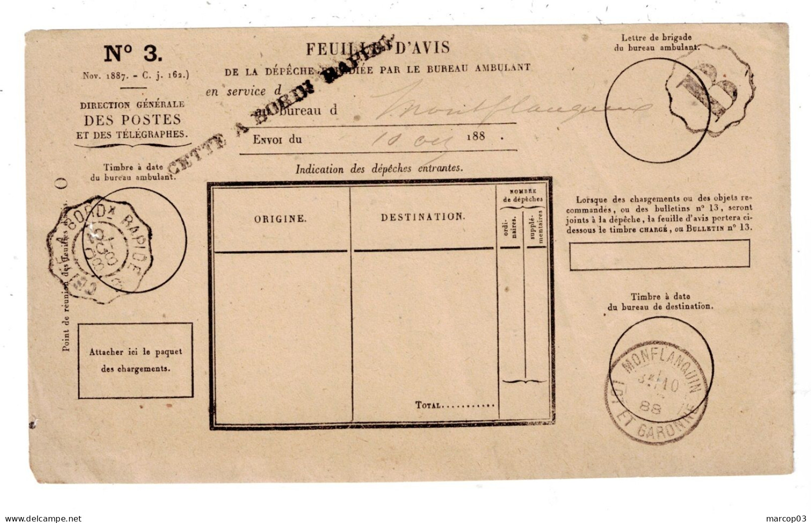 ESSAI CETTE A BORDx RAPIDE Du 10/10/1888 Sur Feuille N°3 Jaune Pour Montflanquin Rare Et SUP - Railway Post