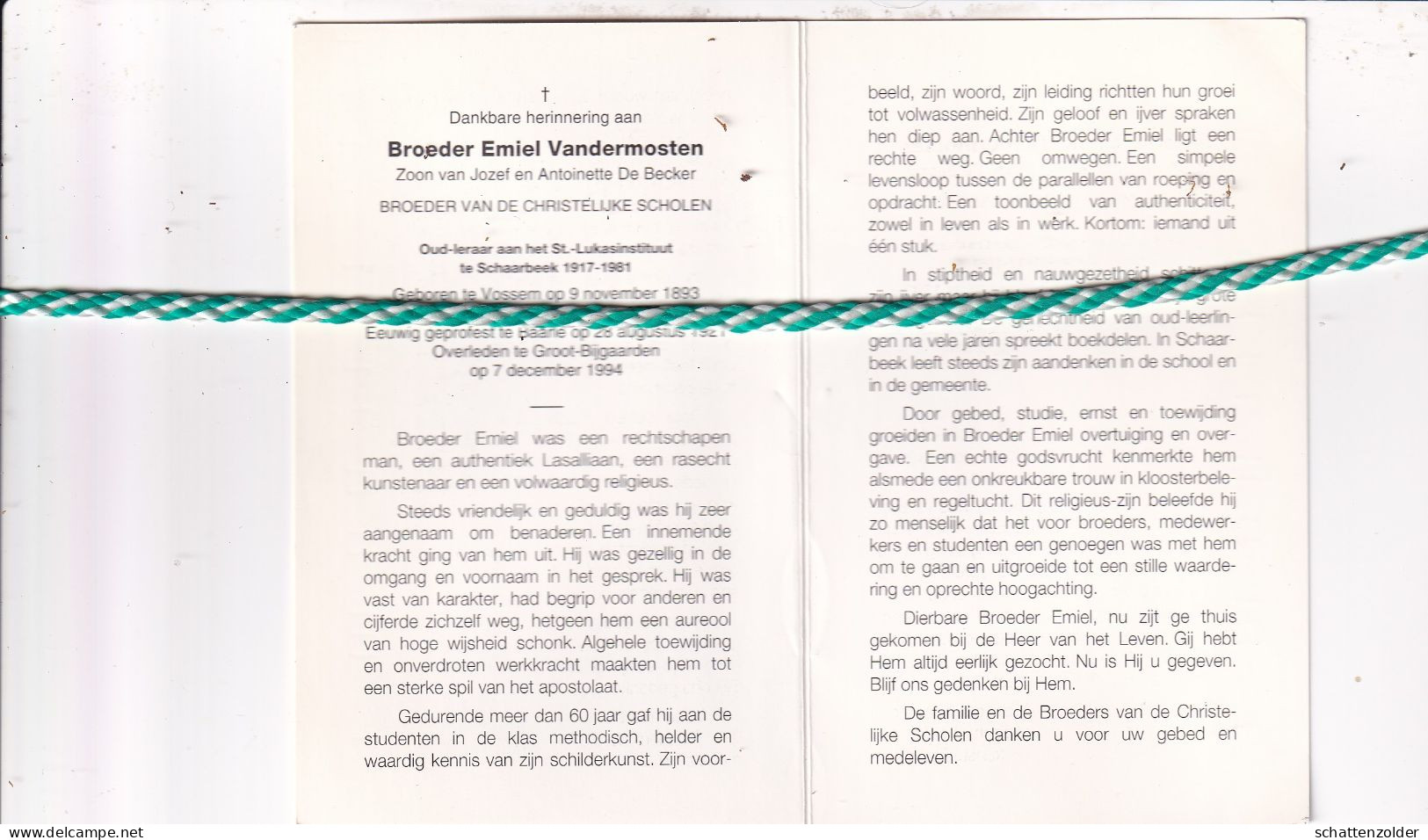 Broeder Emiel Vandermosten, Vossem 1893, Groot-Bijgaarden 1994. Honderdjarige, Oud-Leraar Sint-Lukas Schaarbeek. Foto - Obituary Notices