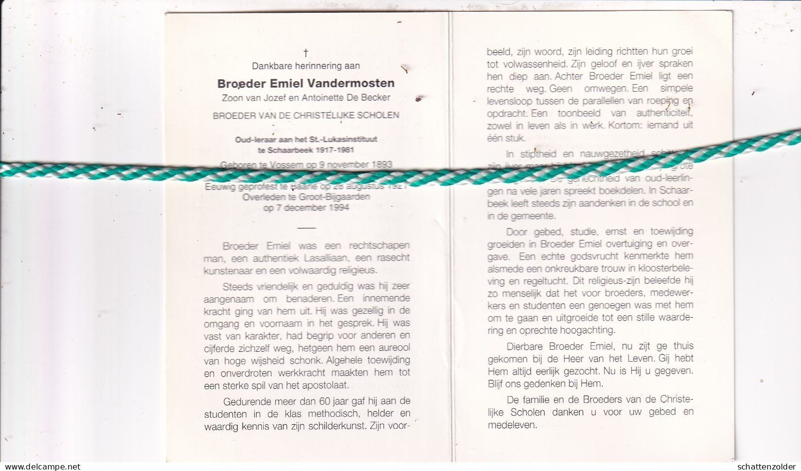 Broeder Emiel Vandermosten, Vossem 1893, Groot-Bijgaarden 1994. Honderdjarige, Oud-Leraar Sint-Lukas Schaarbeek. Foto - Décès