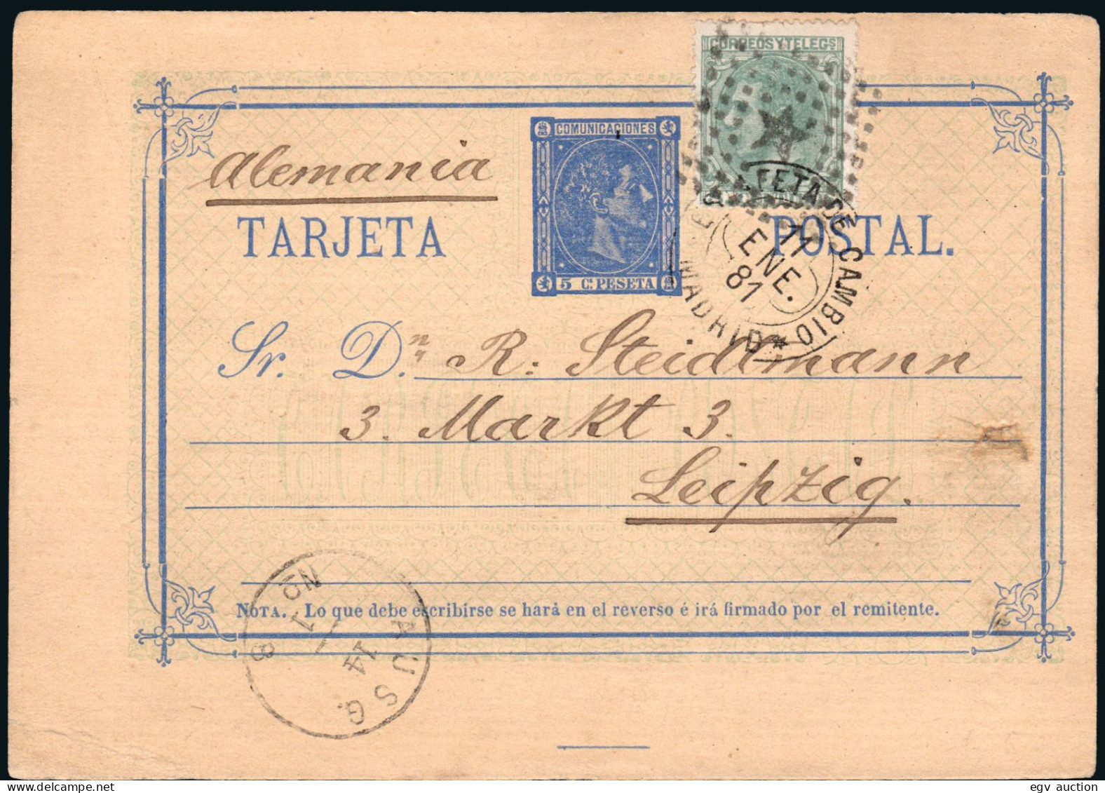 Madrid - Edi O EP 8+201 - Entero Postal Mat Rombo + Trébol "Estafeta De Cambio 11/En./81 - Madrid" - 1850-1931