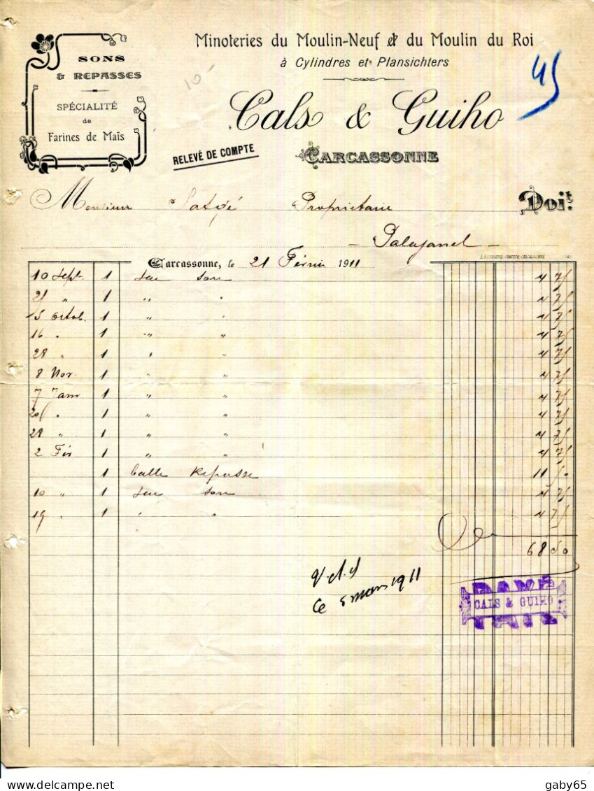 FACTURE.11.AUDE.CARCASSONNE.MINOTERIES DU MOULIN NEUF & DU MOULIN DU ROI.CALS & GUIHO. - Altri & Non Classificati