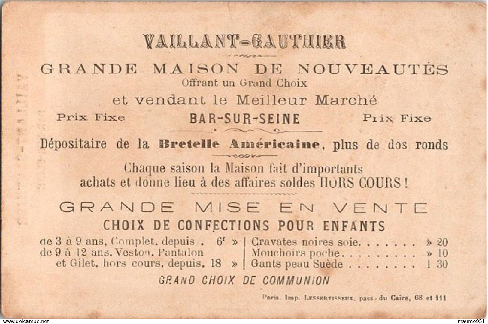 CHROMO VAILLANT GAUTHIER - Bar Sur Seine . Confections Pour Dames, Hommes Jeunes Gens. Fillettes Et Enfants - Autres & Non Classés