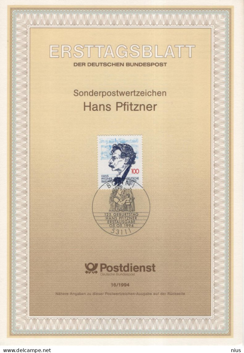 Germany Deutschland 1994-16 Hans Pfitzner, Composer Music Musique Musik Komponist, Canceled In Bonn - 1991-2000