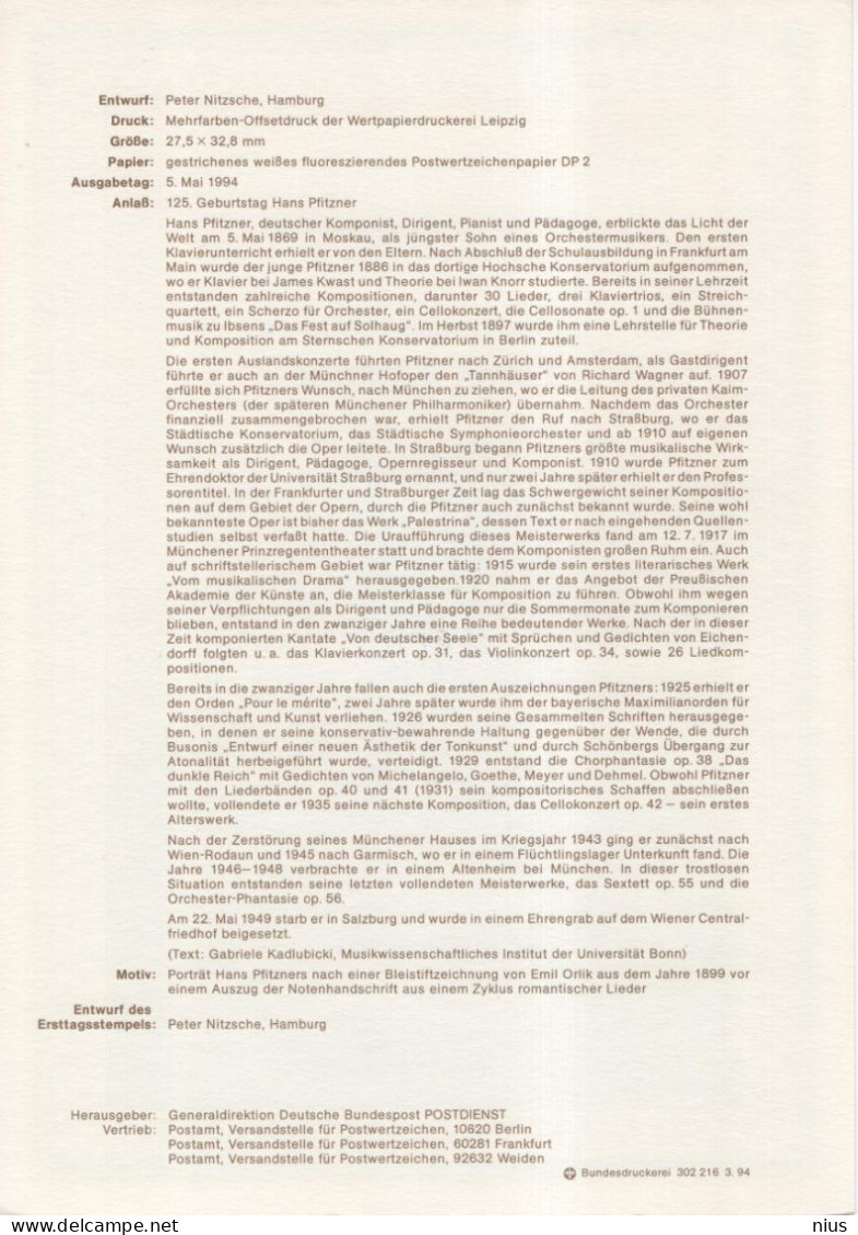Germany Deutschland 1994-16 Hans Pfitzner, Composer Music Musique Musik Komponist, Canceled In Bonn - 1991-2000