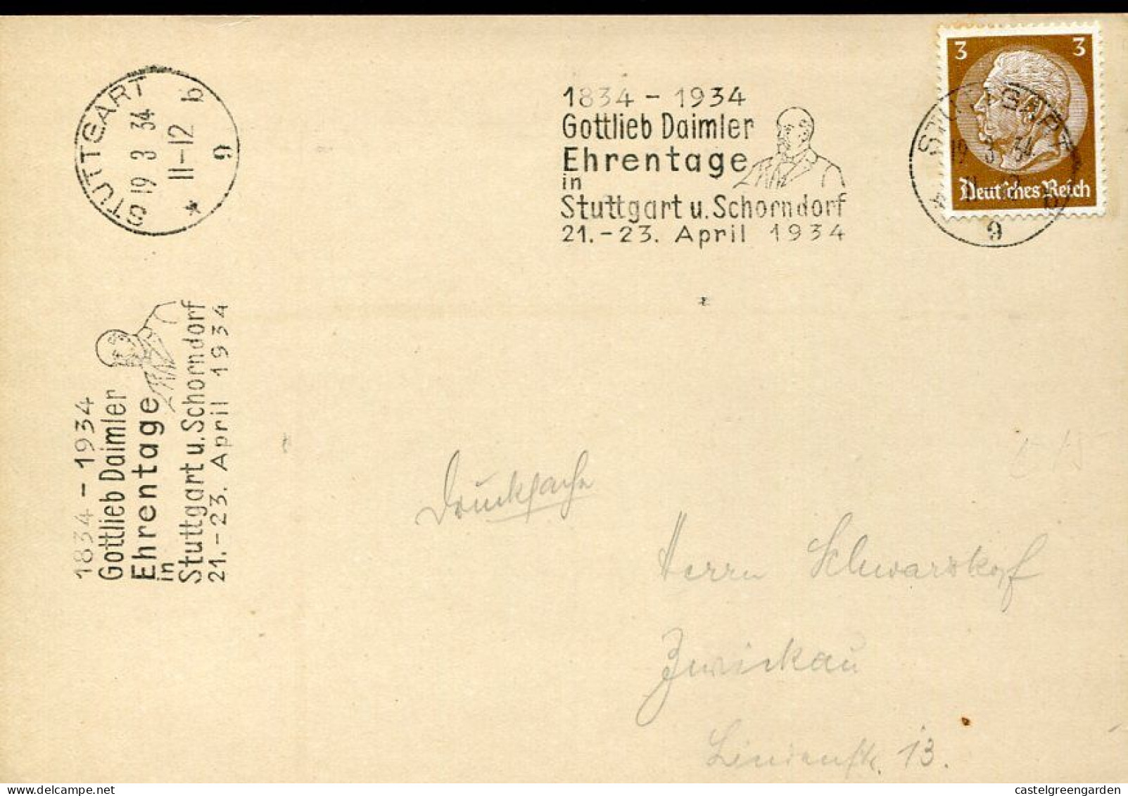 X0544 Germany Reich,postmark Stuttgart 1934 Honorary Day Of  Gottlieb Daimler 1934 - Covers & Documents