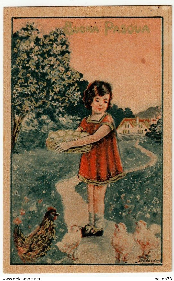 BUONA PASQUA - BAMBINA CON UOVA - Profili Dorati - Vedi Firma Illustratore - Vedi Retro - Formato Piccolo - Pâques