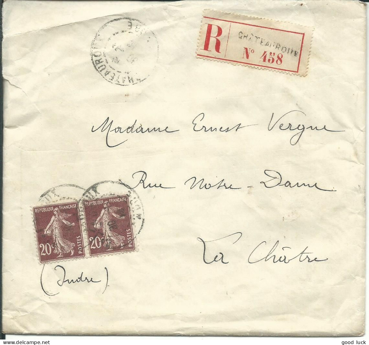 FRANCE LETTRE RECOMMANDEE 40c CHATEAUROUX POUR LA CHATRE ( INDRE ) DE 1910  LETTRE COVER - 1877-1920: Période Semi Moderne