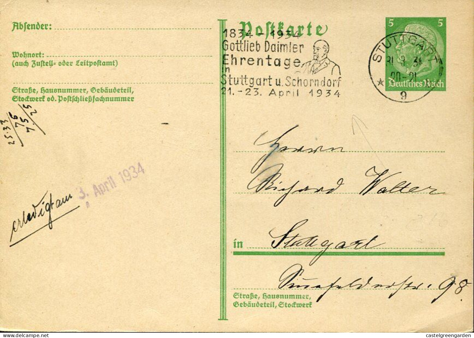 X0545 Germany Reich,postmark Stuttgart 1934 Honorary Day Of  Gottlieb Daimler 1934 - Storia Postale