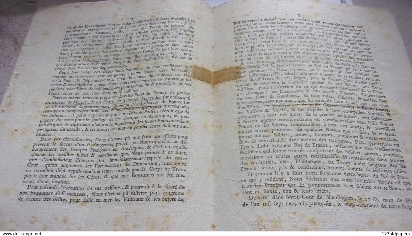 RARE 17 MAI 1756 DECLARATION DE GUERRE DU ROY D ANGLETERRE CONTRE LE ROY DE FRANCE  GEORGES ROY GUERRE DE 7 ANS - Historical Documents