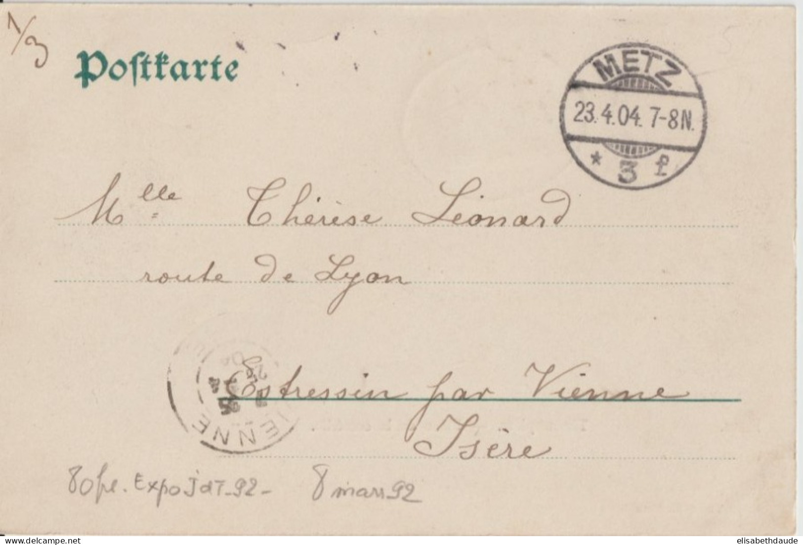 1904 - MOSELLE - CONVOYEUR BAHNPOST METZ CHATEAU-SALINS (IND 6) ZUG 1077 - CP => ISERE - Lettres & Documents