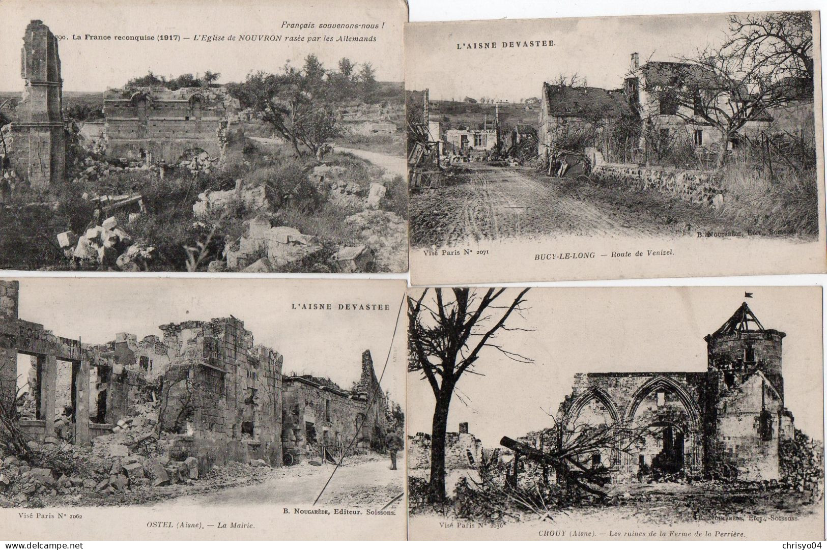 4V4Sb   02 Aisne Lot De 12 Cpa Vailly, Soissons, Crouy, Longpont, Chauny, Nouvron, Ostel, Bucy Le Long En Ruines - Autres & Non Classés