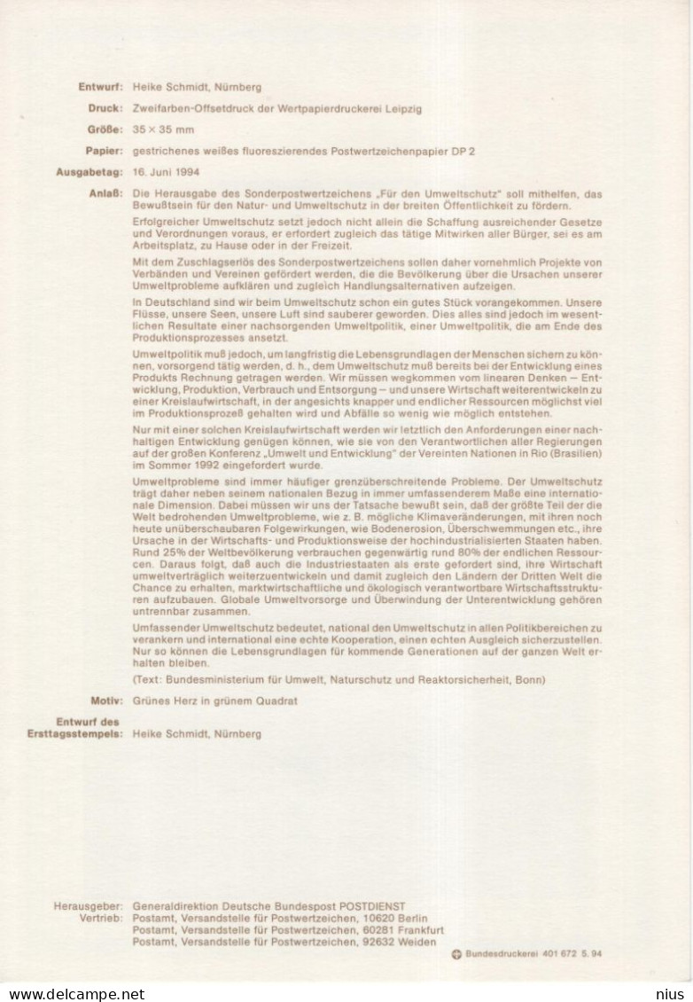 Germany Deutschland 1994-17 Für Den Umweltschutz, Canceled In Bonn - 1991-2000