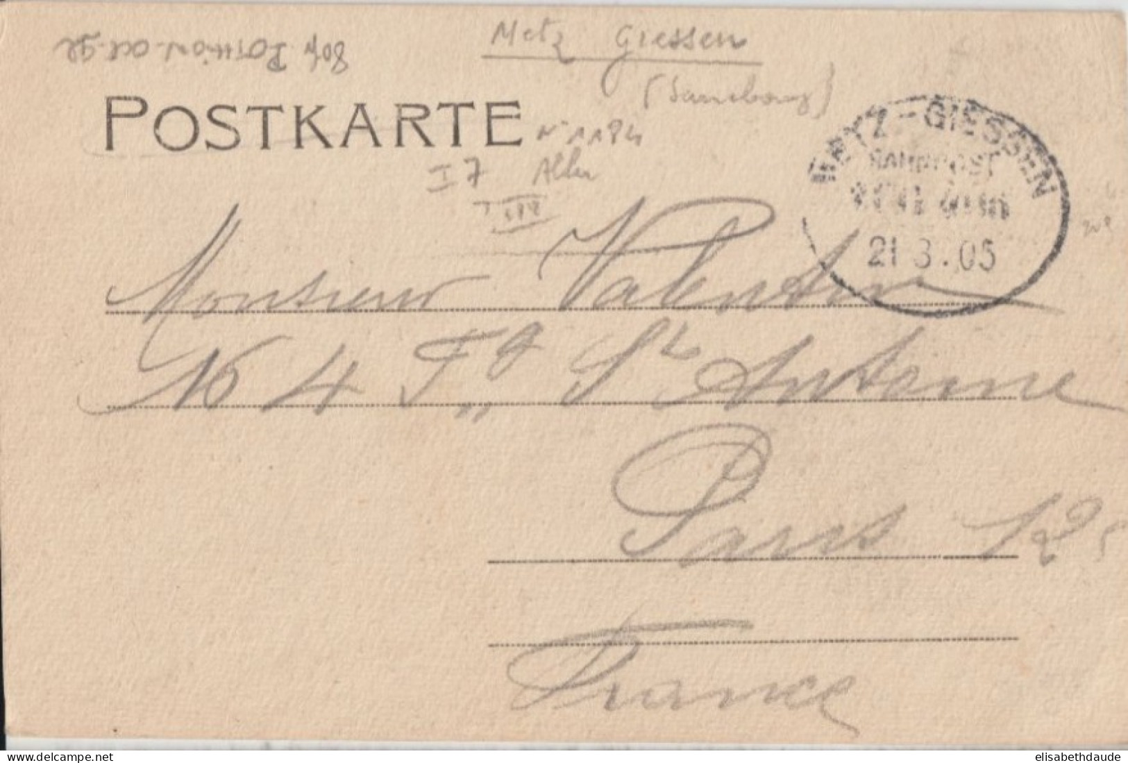 1905 - MOSELLE - CONVOYEUR BAHNPOST METZ GIESSEN (IND 7) ZUG 406 (NON SIGNALE DANS SPAL !) - CP De TRIER => PARIS - Cartas & Documentos
