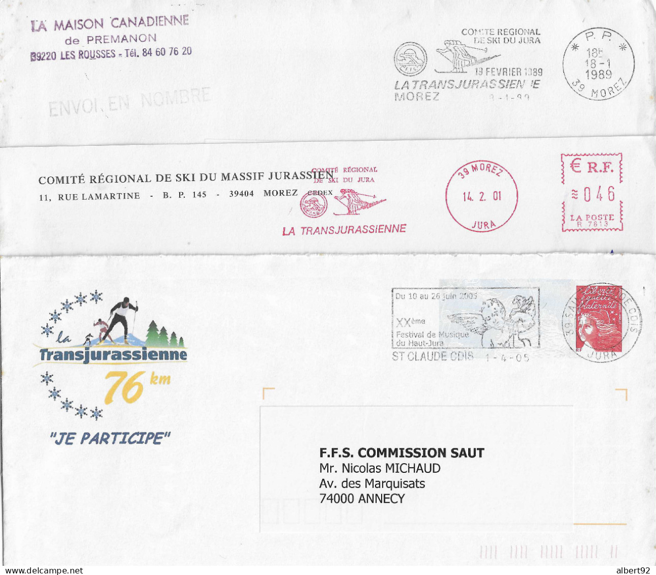 1989/ 2001 3 Lettres "Transjurassienne; Course De Ski De Fond"; Flamme "P.P.", EMA (n° R 7613), Entier Postal PAP - Ski