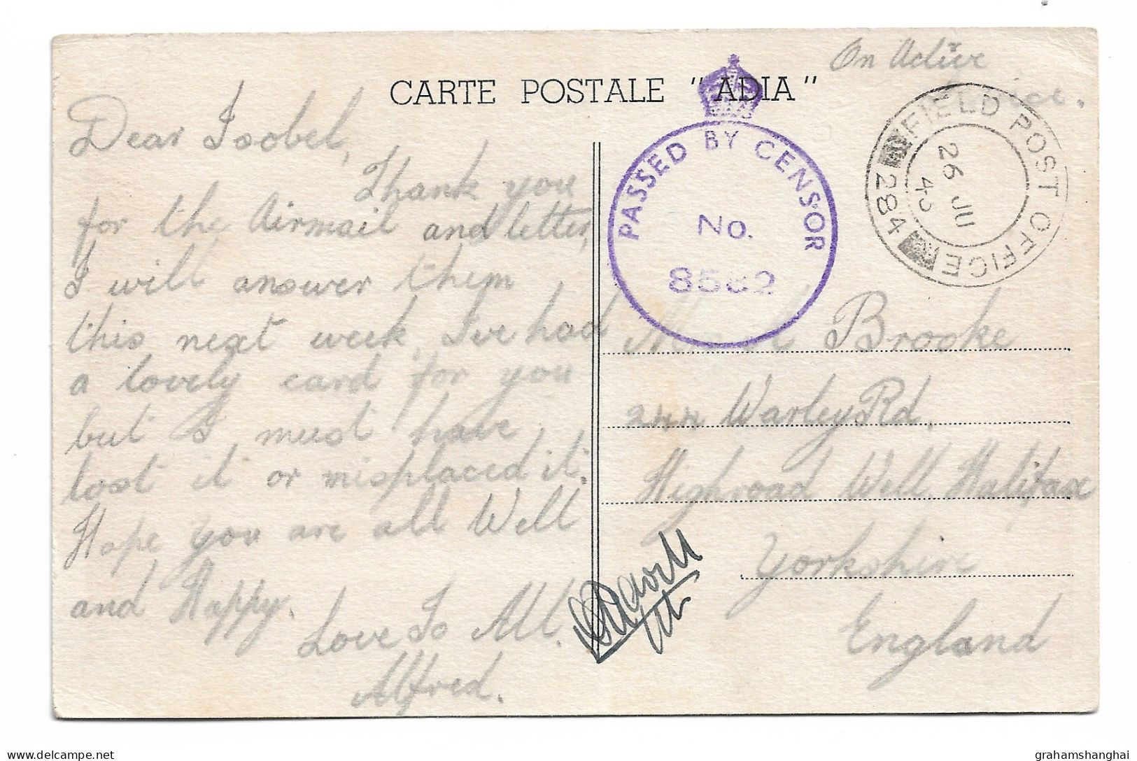 Postcard Algeria Bourfarik 1943 British Army Field Post Office FPO284 46 Infantry Division WW2 Alfred Brooke Halifax - Weltkrieg 1939-45