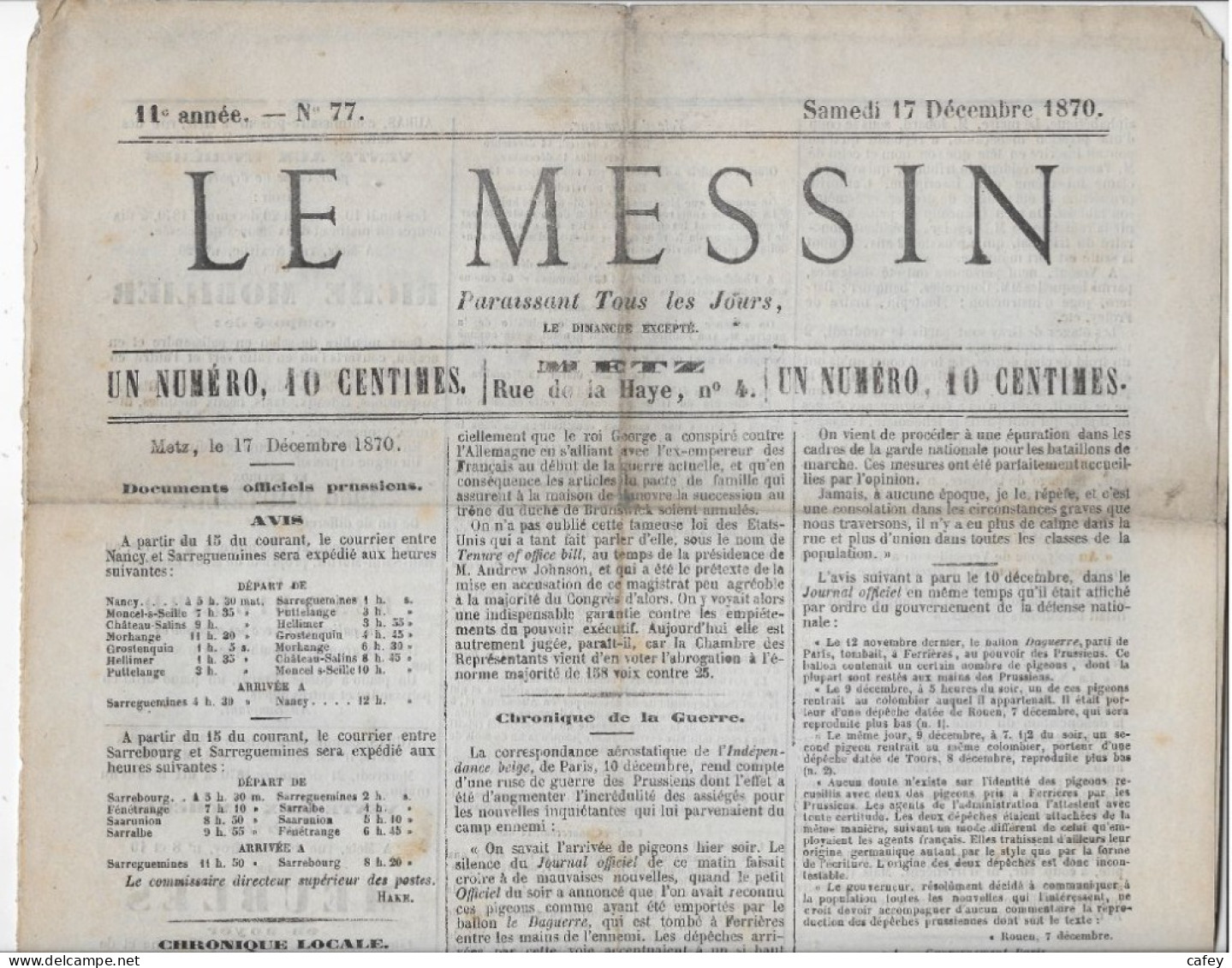 Guerre 1870 Document S/ METZ MOSELLE 36 Journaux LE MESSIN Entre 30/10/70 (annonce Capitulation De METZ ) Et Le 07/01/71 - Guerre De 1870