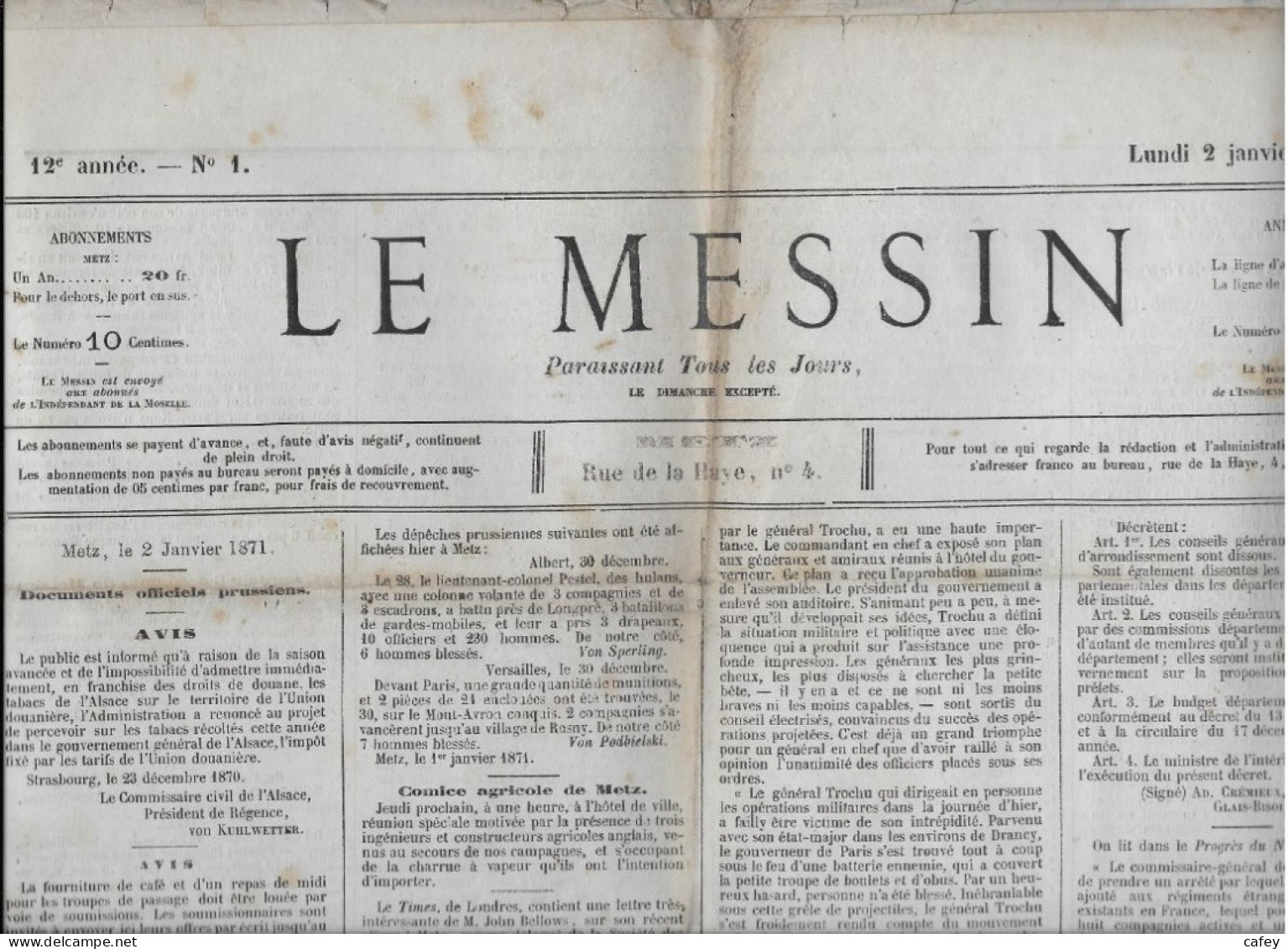 Guerre 1870 Document S/ METZ MOSELLE 36 Journaux LE MESSIN Entre 30/10/70 (annonce Capitulation De METZ ) Et Le 07/01/71 - Oorlog 1870