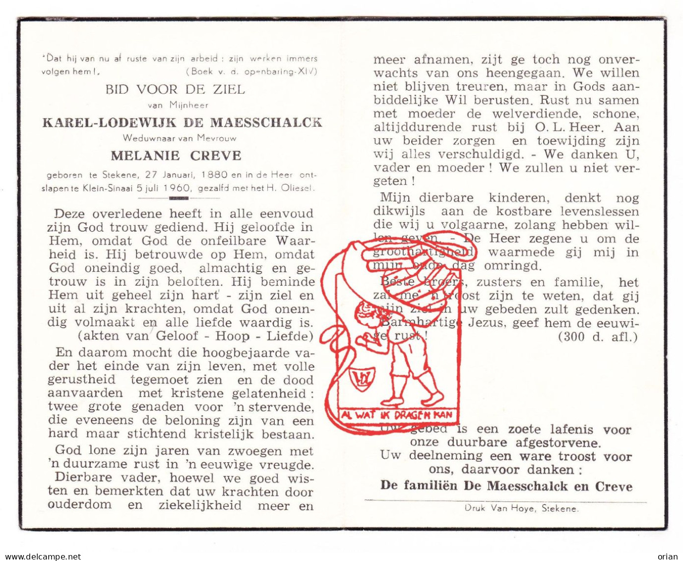 DP Karel Lodewijk De Maesschalck ° Stekene 1880 † Klein-Sinaai 1960 X Melanie Creve - Andachtsbilder