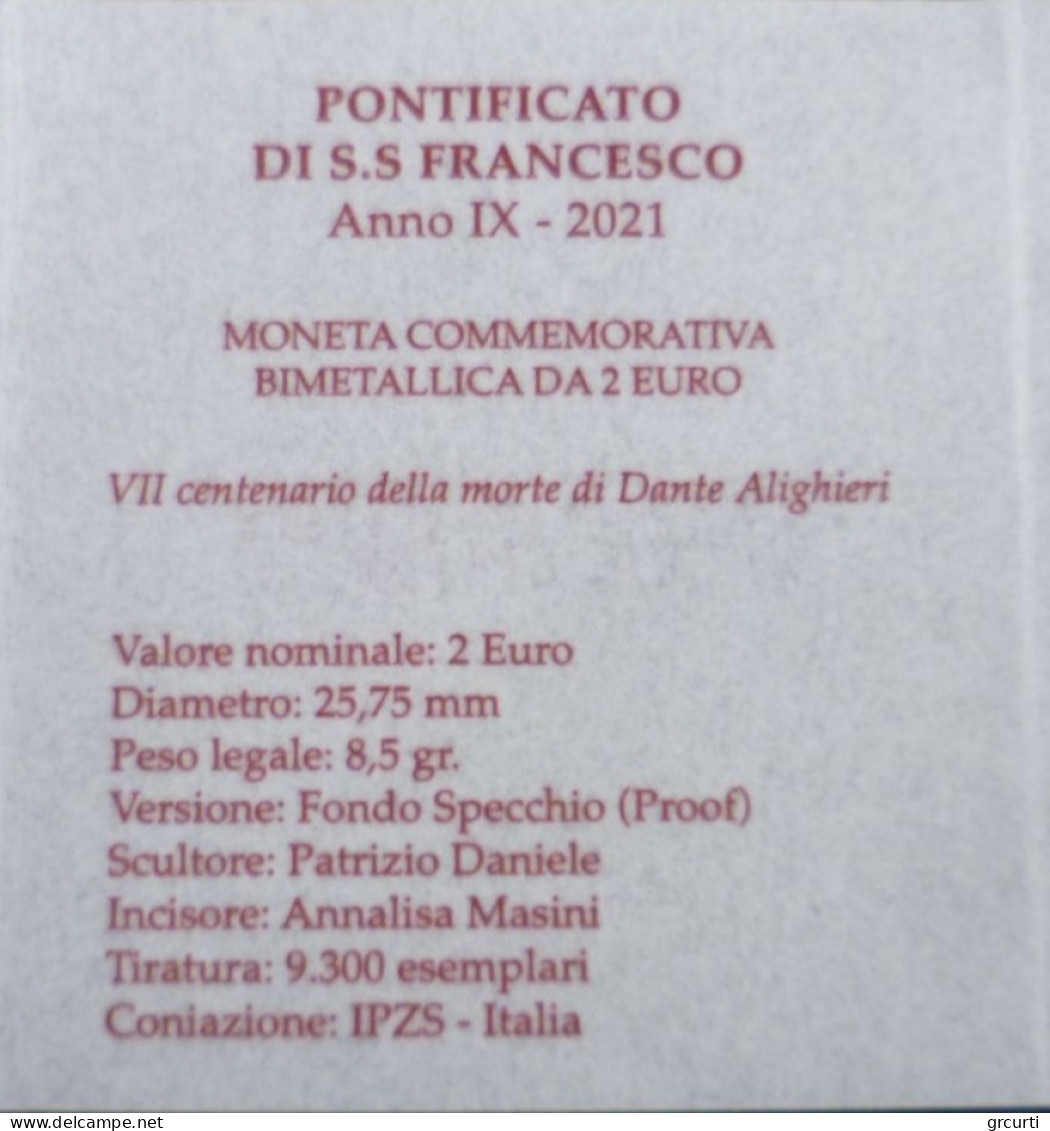 Vaticano - 2 Euro 2021 - 7° Centenario Della Morte Di Dante Alighieri - UC# 112 - Vaticano (Ciudad Del)