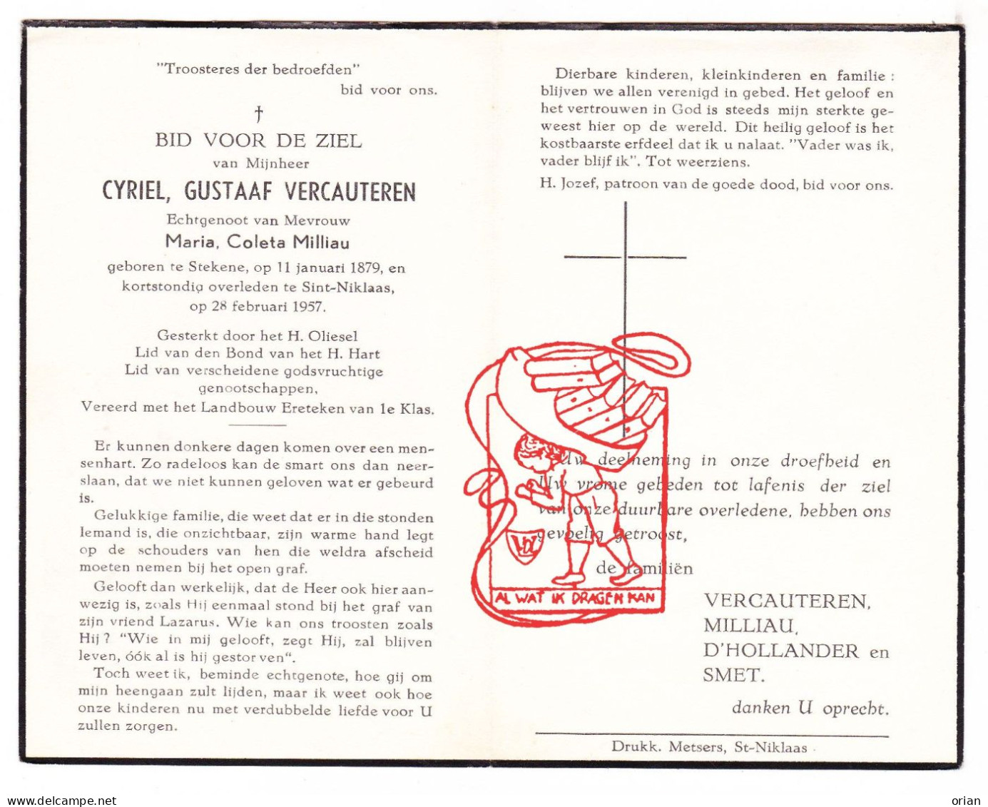 DP Cyriel Gustaaf Vercauteren ° Stekene 1879 † Sint-Niklaas 1957 X Maria Coleta Milliau // D'Hollander Smet - Andachtsbilder