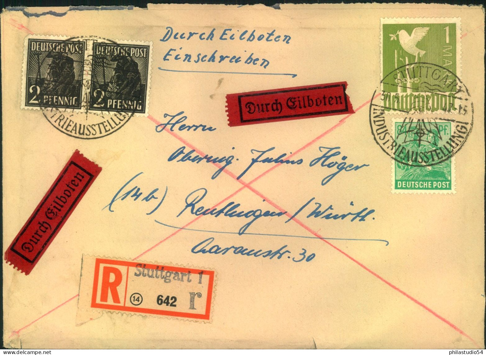 1947, Einschreiben / Eilbotenbrief, 2 Gewicht, Mit Not-R-Stempel "Stuttgart" - Storia Postale