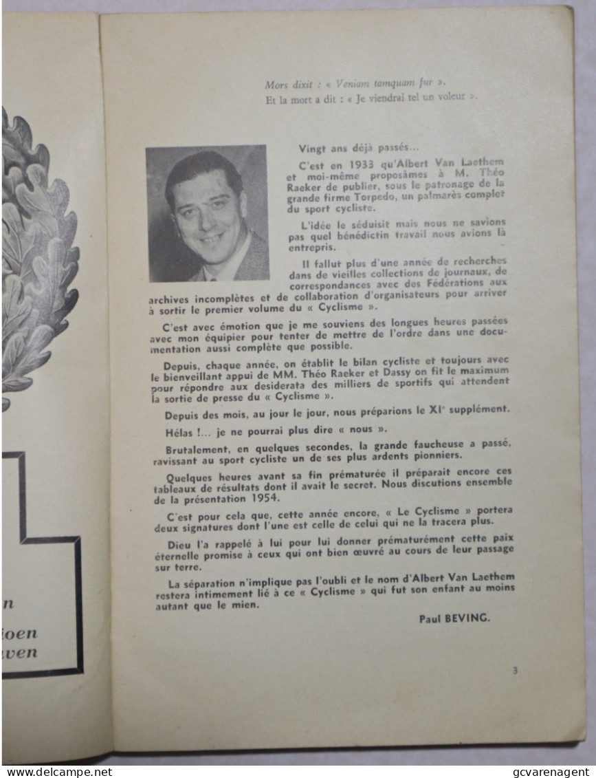 11 E SUPPLEMENT 1954 = LE CYCLISME PAR PAUL BEVING ET AL.VAN LAETHEM = 176 PAGES = 240 X 160 MM . ZIE AFBEELDINGEN - Deportes