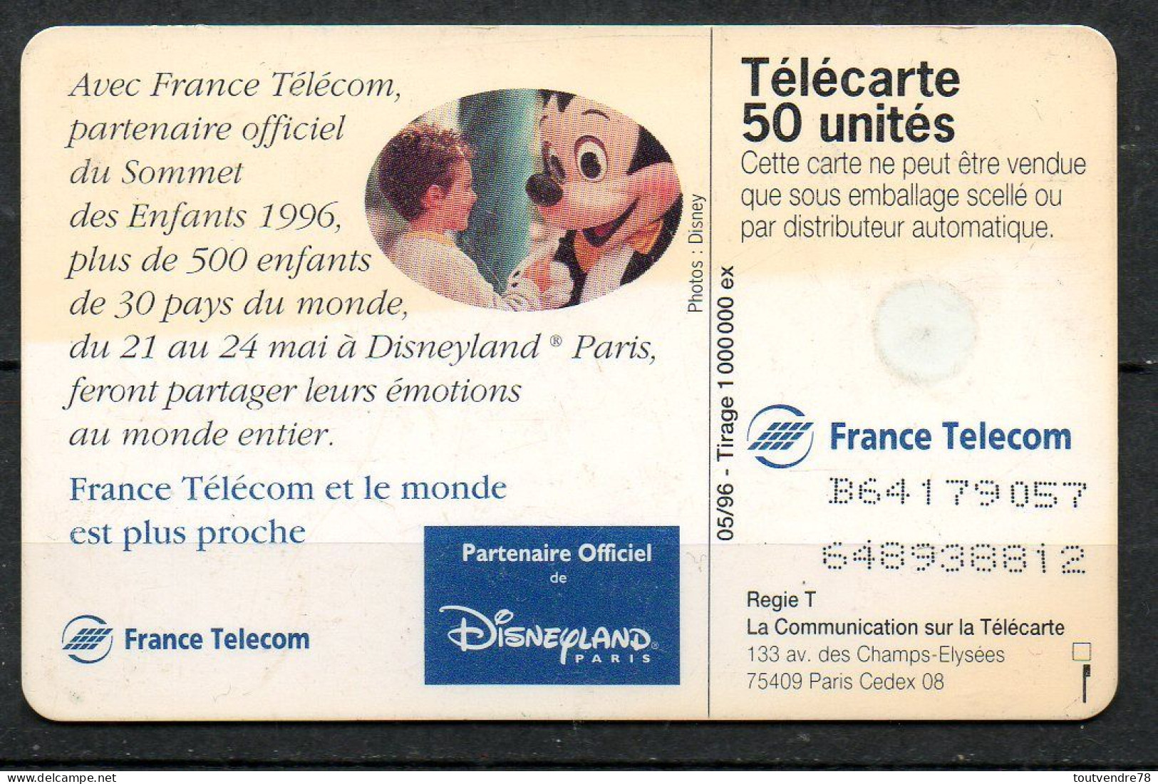 C303 : France F649 MICKEY Sommet Des Enfants 50U-GEM1A 1996 - 1996