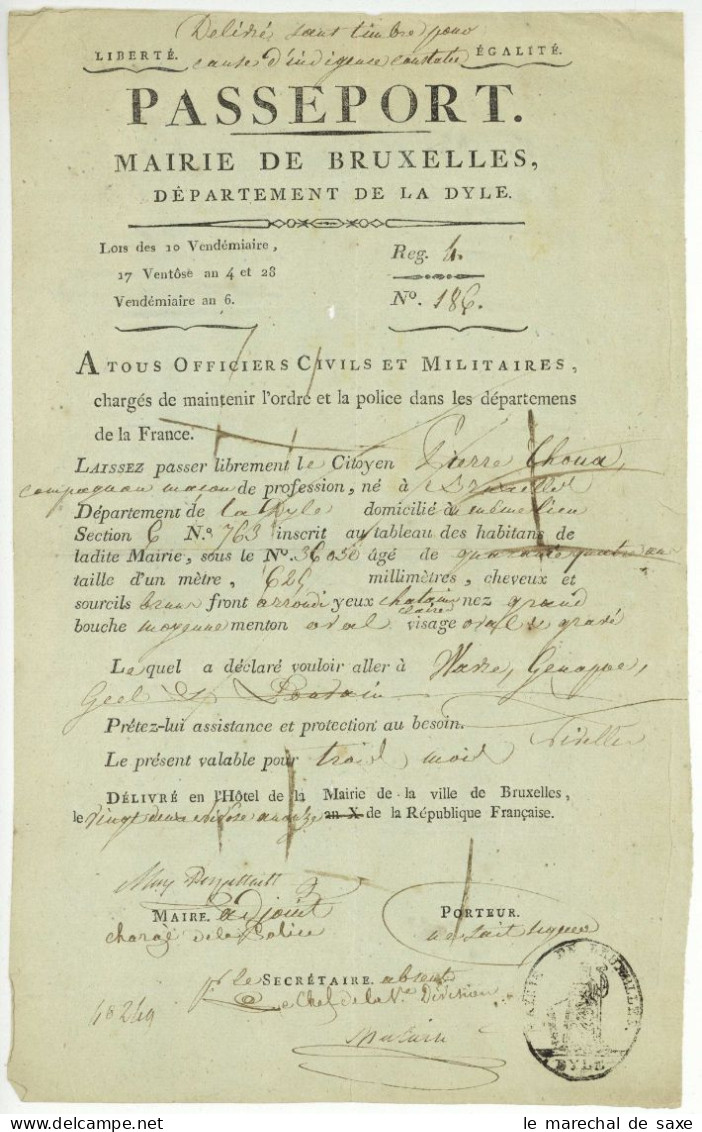 Passeport Bruxelles 1803 Pour Pierre Thoua Macon Pour Wavre Genappe Geel & Louvain - Historische Documenten