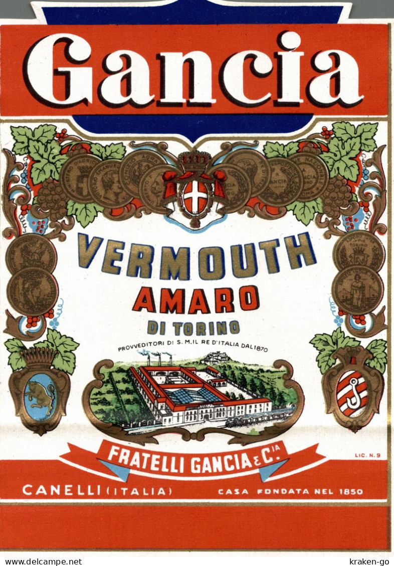 CANELLI, Asti - ETICHETTA D'EPOCA VERMOUTH AMARO GANCIA - #026 - Piega! - Alcoholes Y Licores